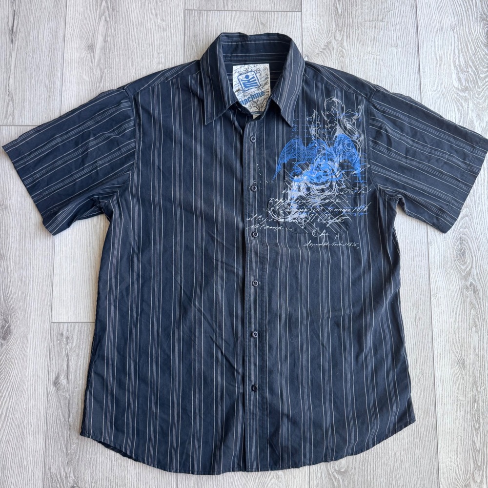 Vintage Machine Y2K Mens Pinstripe Graphic Button Down Shirt Black Blue Medium